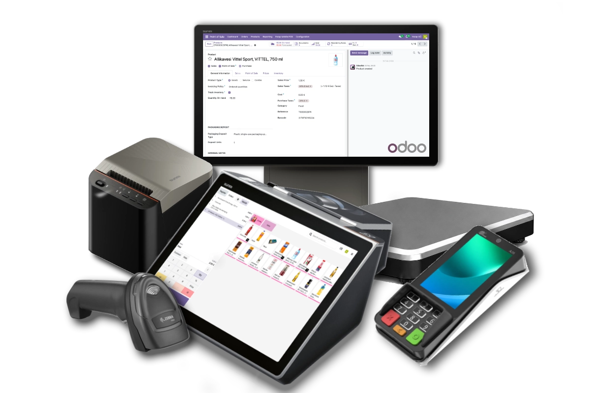 Odoo POS solution with a touchscreen till, customer display, receipt printer and payment terminal