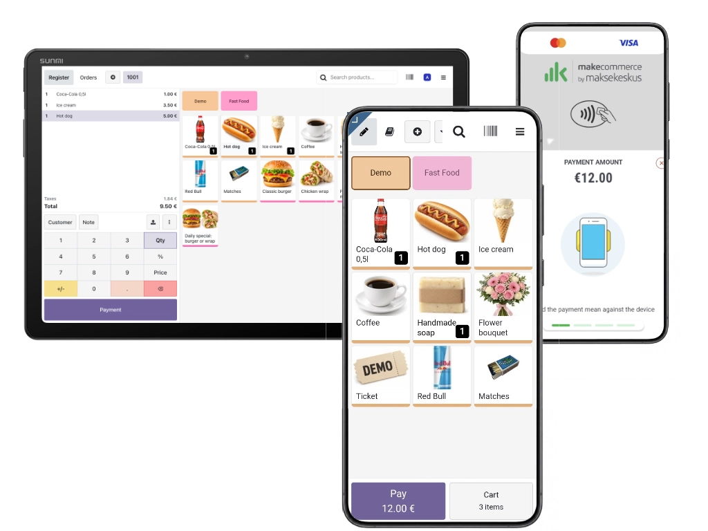 Odoo kassa Android-telefonis ja tahvelarvutis ning Maksekeskuse kaardimaksevaade