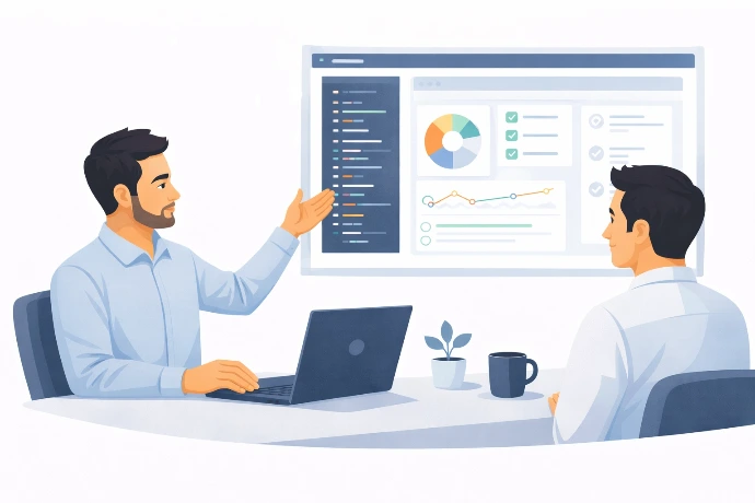 Konsultant selgitab kliendile äriprotsesse ja tarkvaralahenduse toimimist