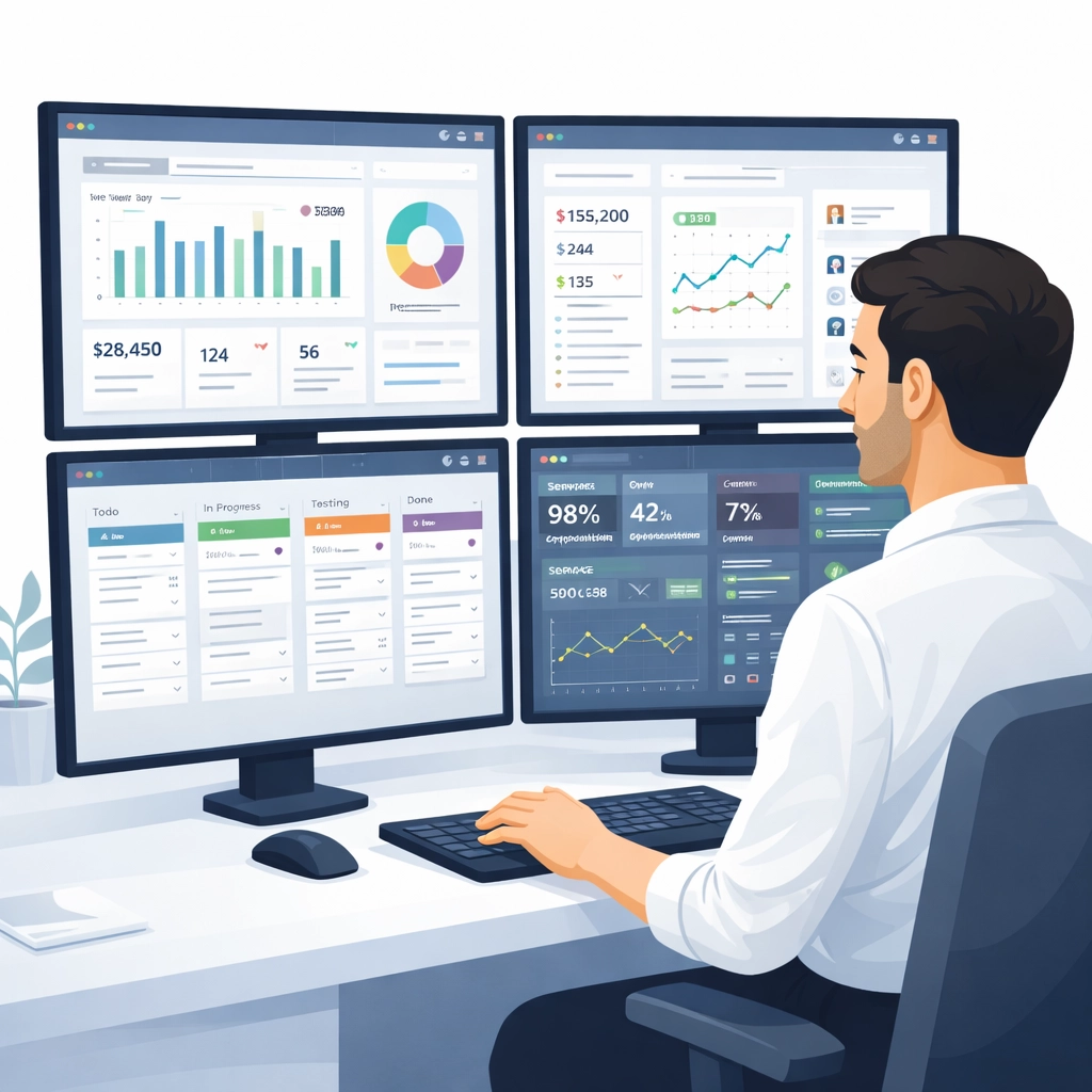Spetsialist jälgib tarkvarasüsteemi toimimist ja analüütikat mitmel ekraanil