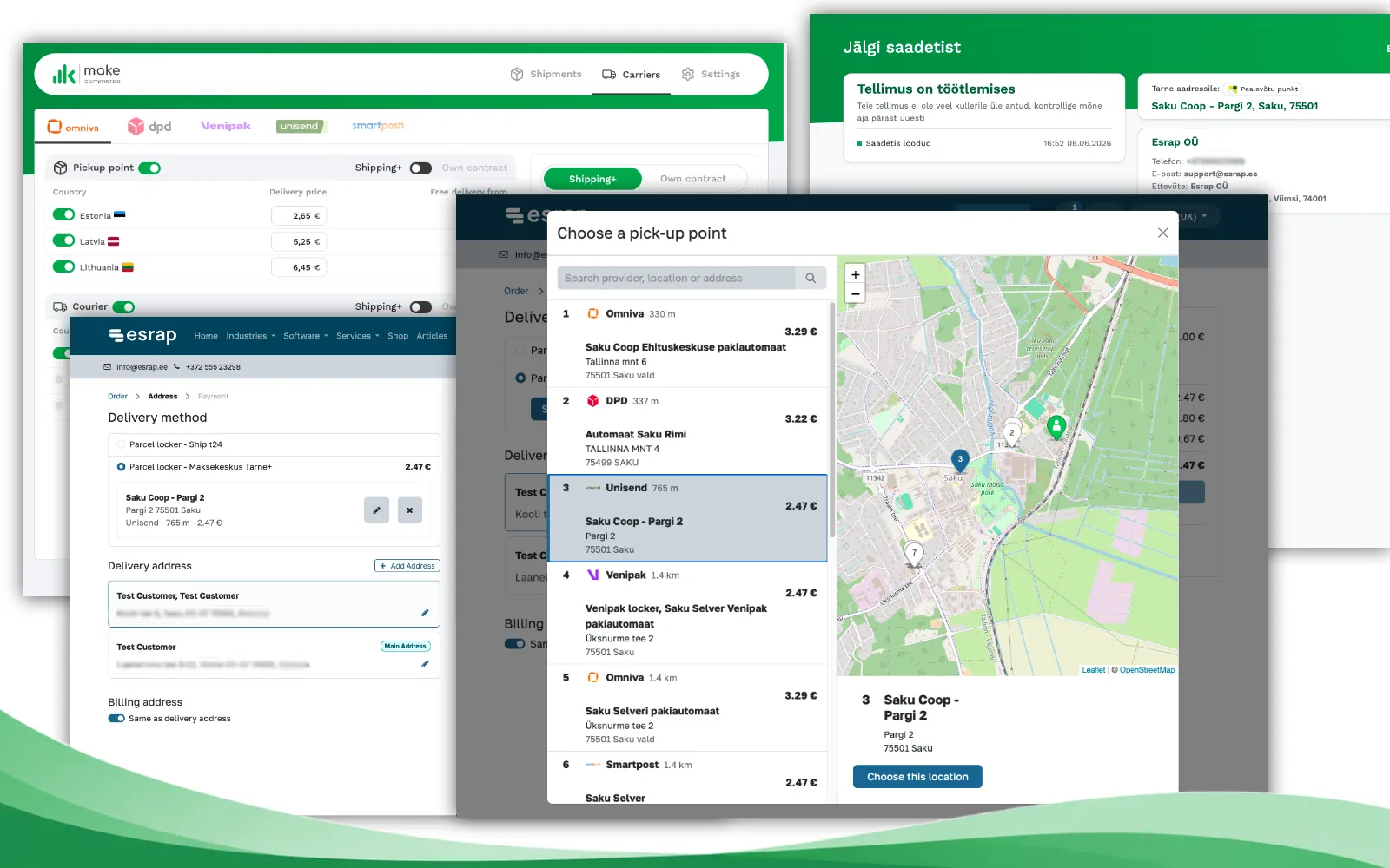 Maksekeskuse Tarne+ pakiautomaadi valik Odoo e-poes