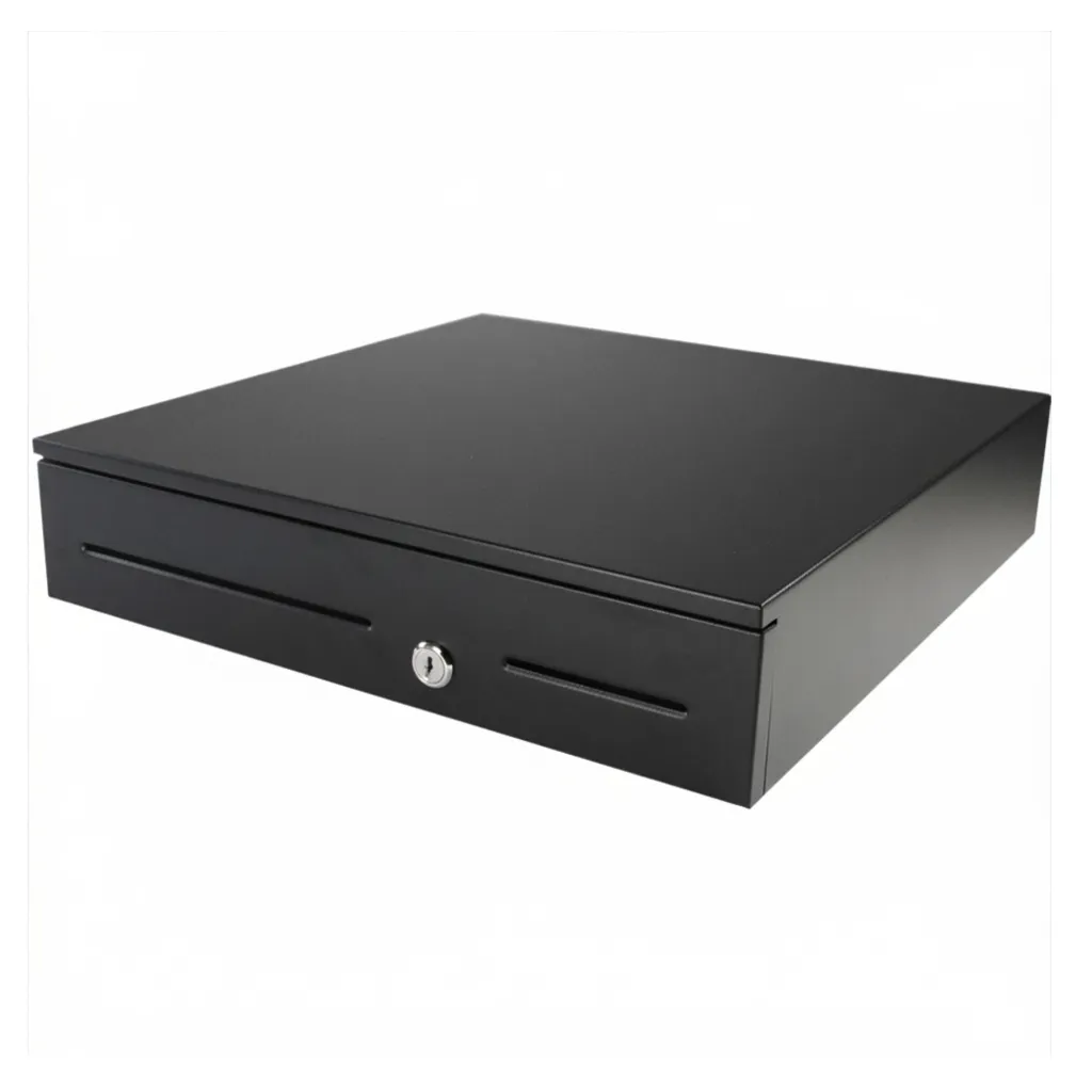 APG ECD410 black steel cash drawer front view