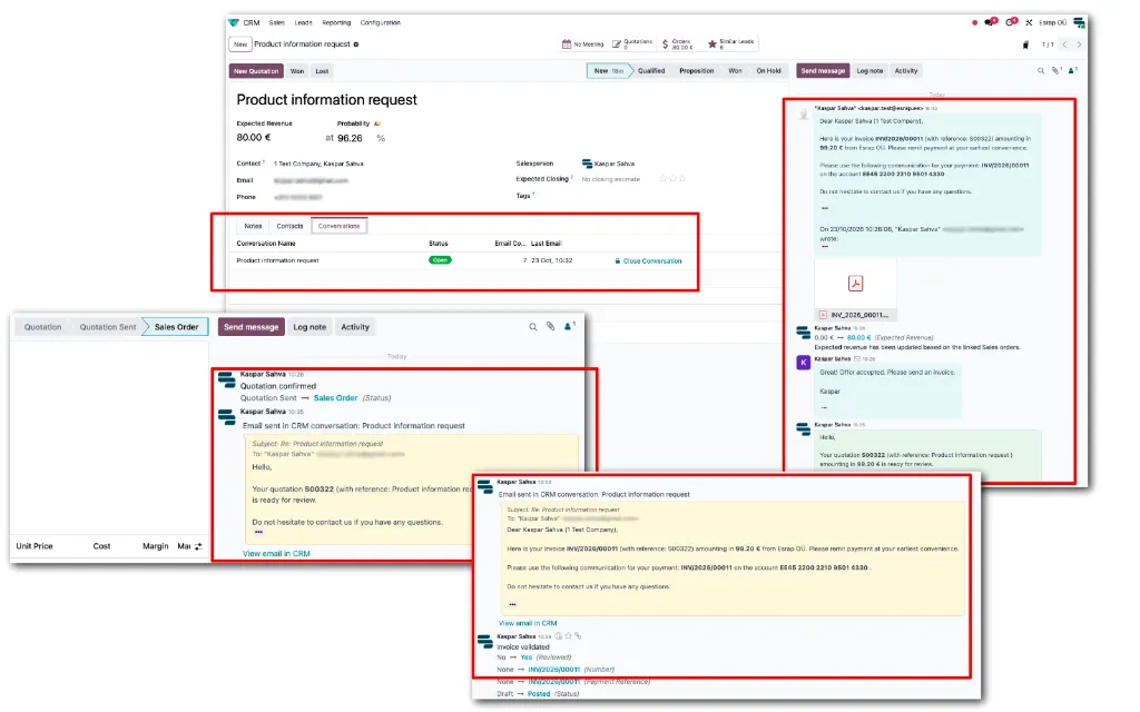 Odoo CRM conversation linking quotation and invoice emails