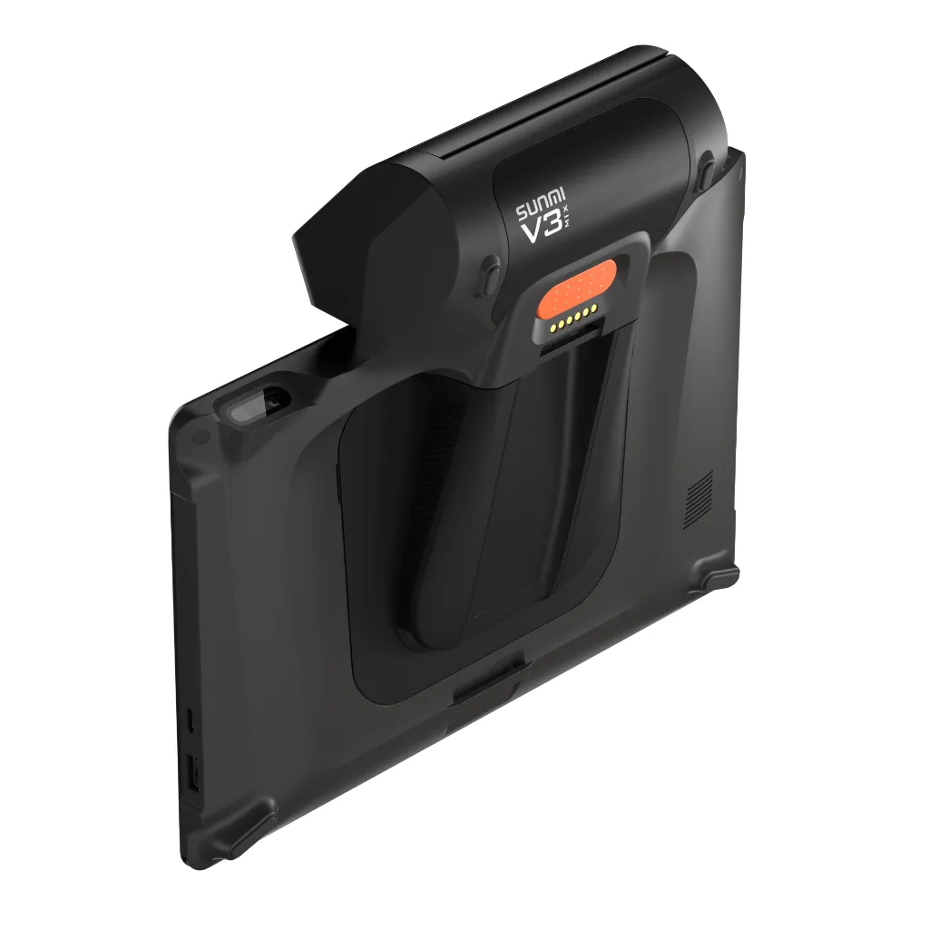 Rear view of SUNMI V3 Mix with receipt printer, hand strap and docking contacts