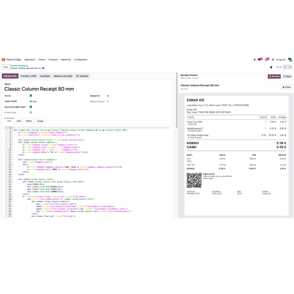 Odoo kassa kviitungi kujundus ja mallid