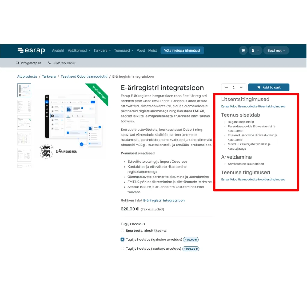 Odoo eCommerce product additional information and quotation descriptions
