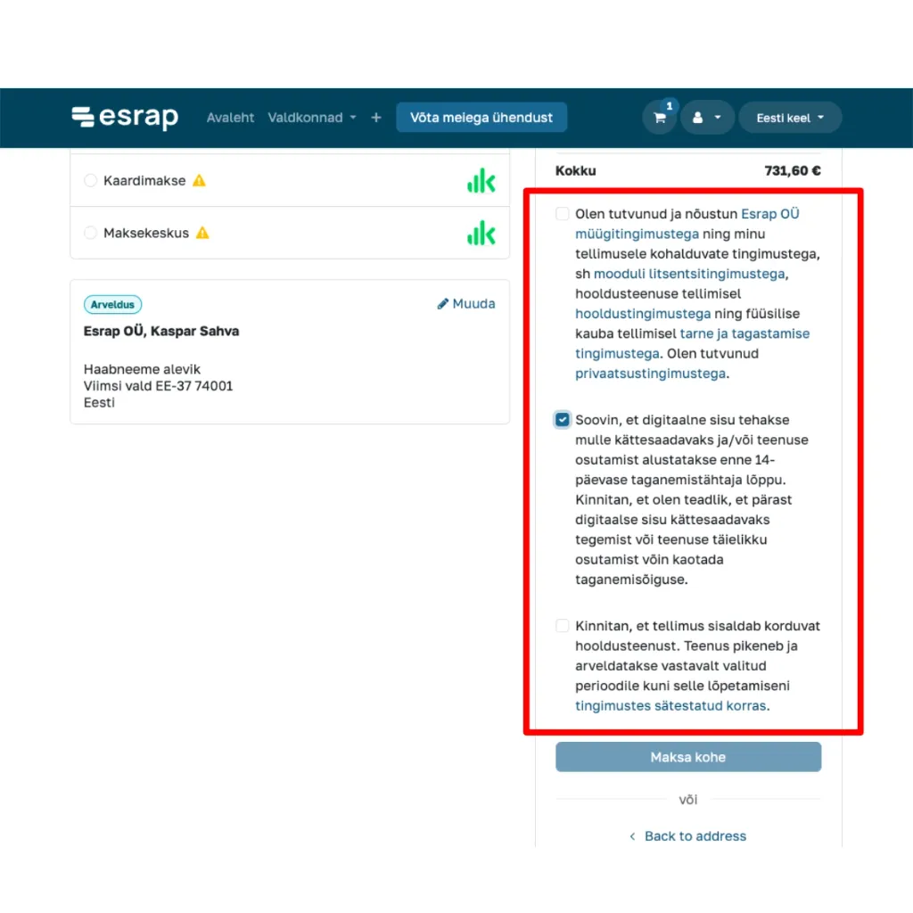 Odoo e-poe checkouti tingimused