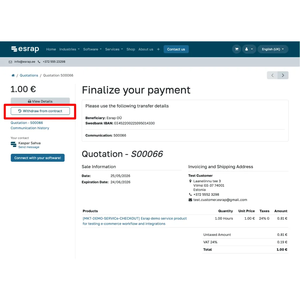 Odoo eCommerce contract withdrawal workflow